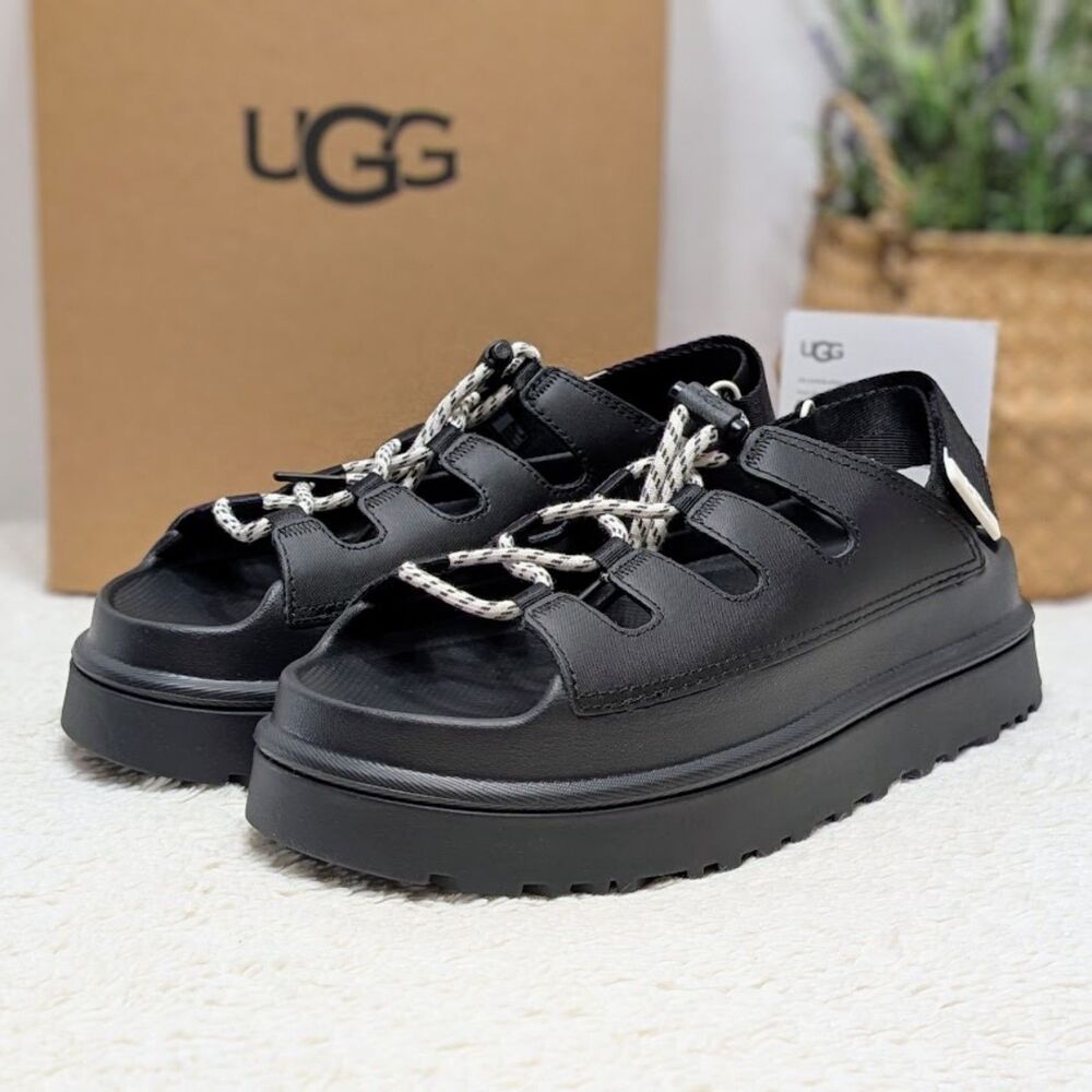 UGG Black GoldenGlow Toggle Leather Platform Sandals Women's Size 9 NIB